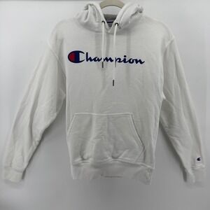 Champion White Hoodie Hooded Sweatshirt Classic Logo Sz S‎ Unisex Everyday Sport